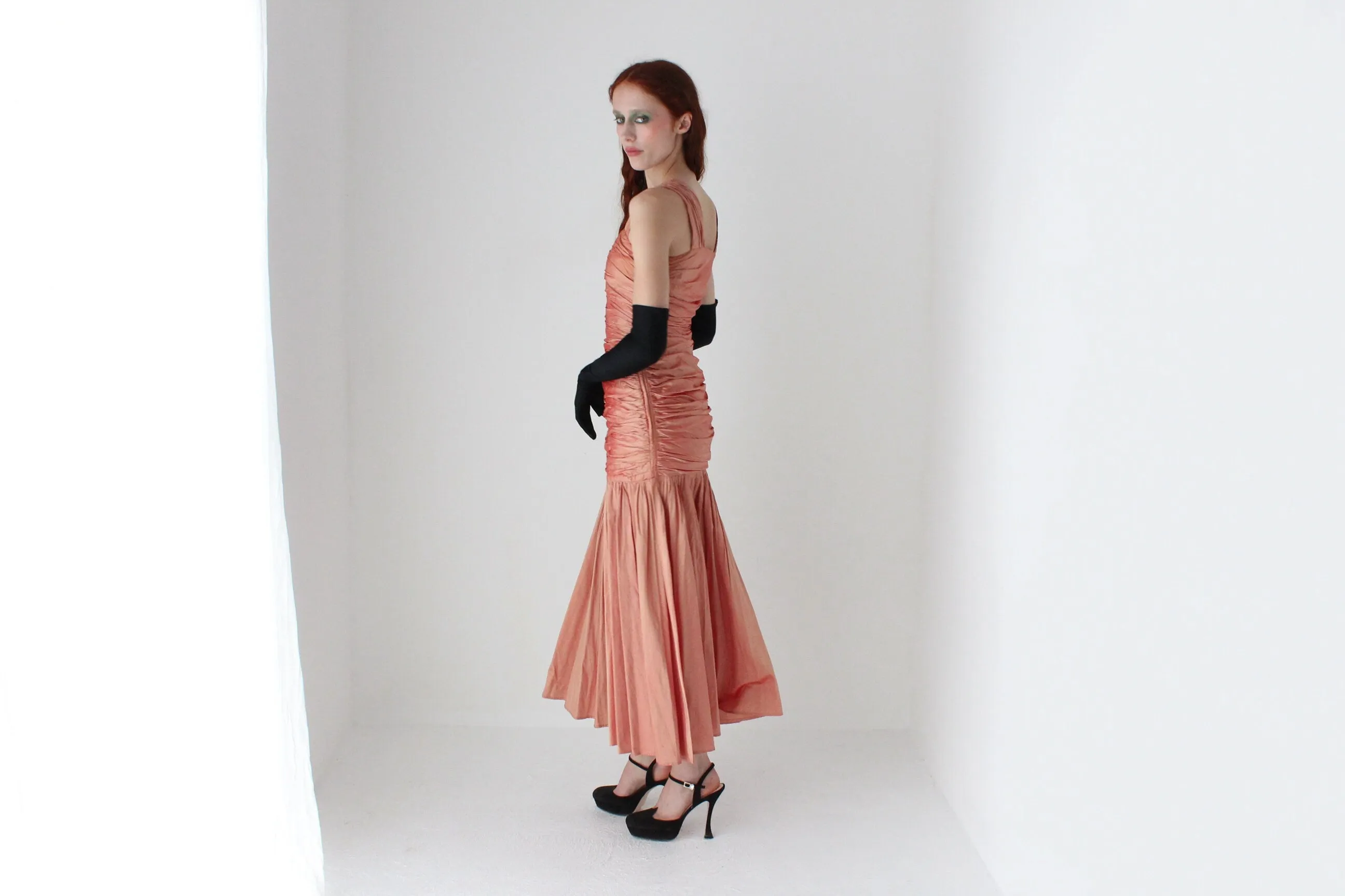 80s Shimmering Raw Silk Gathered Textural Dropwaist Cocktail Dress