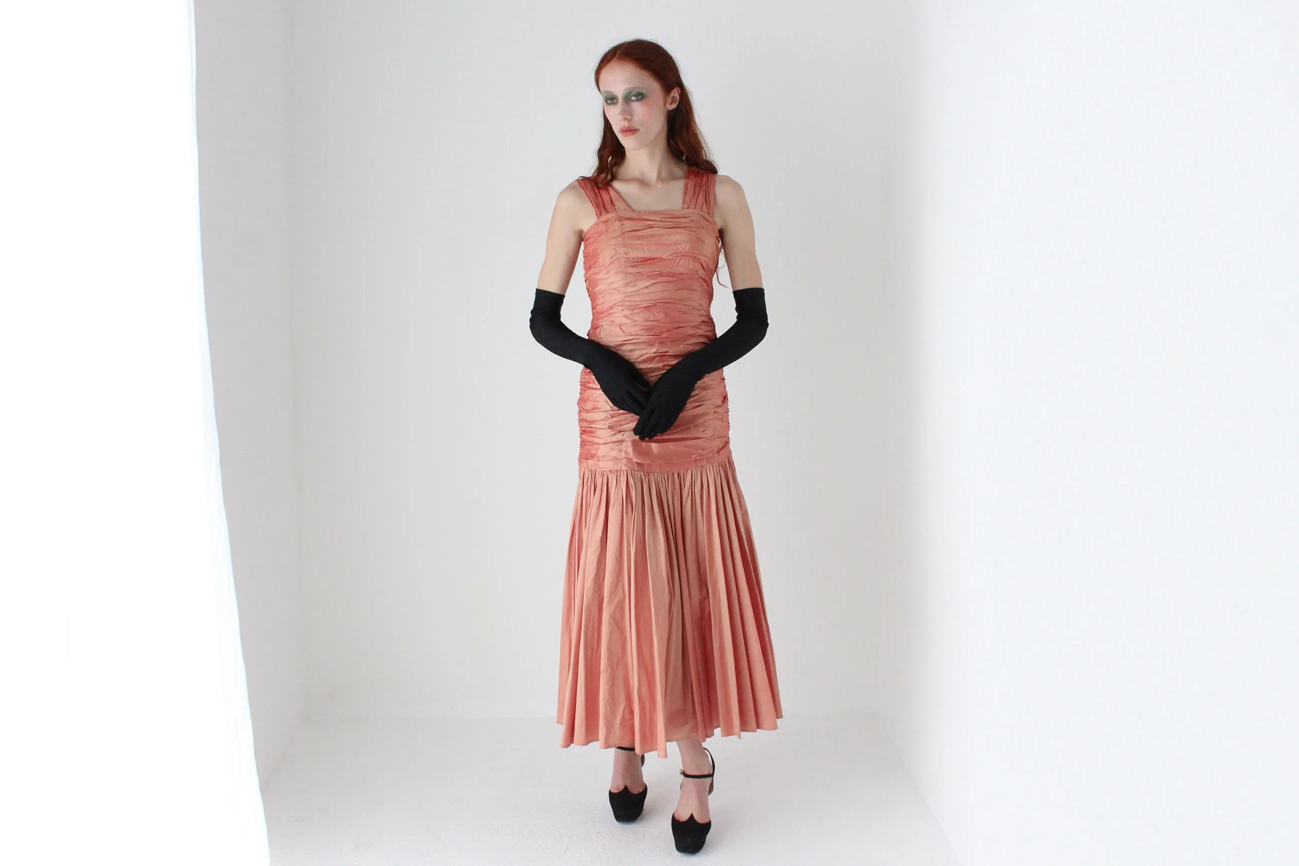 80s Shimmering Raw Silk Gathered Textural Dropwaist Cocktail Dress