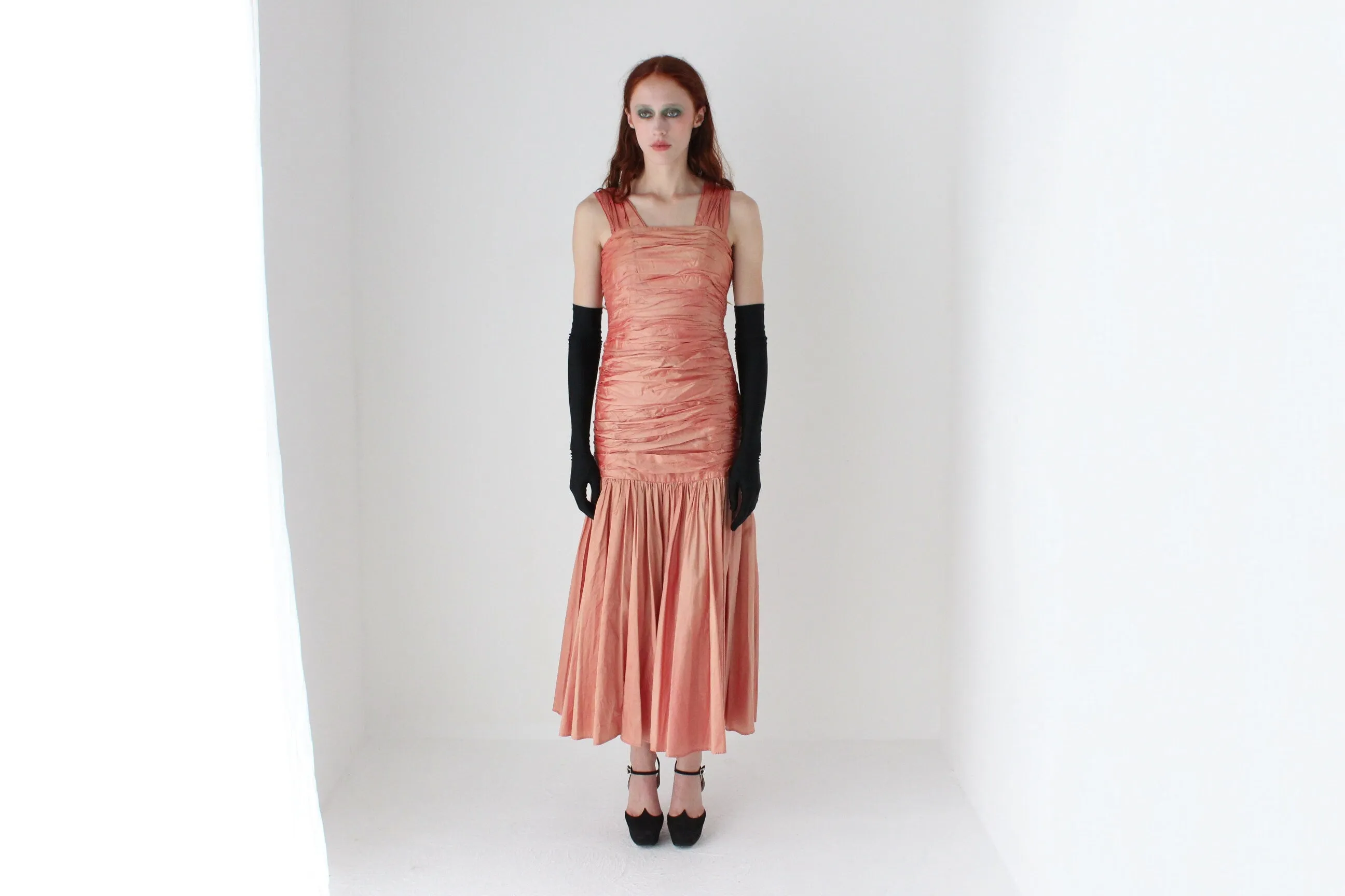 80s Shimmering Raw Silk Gathered Textural Dropwaist Cocktail Dress