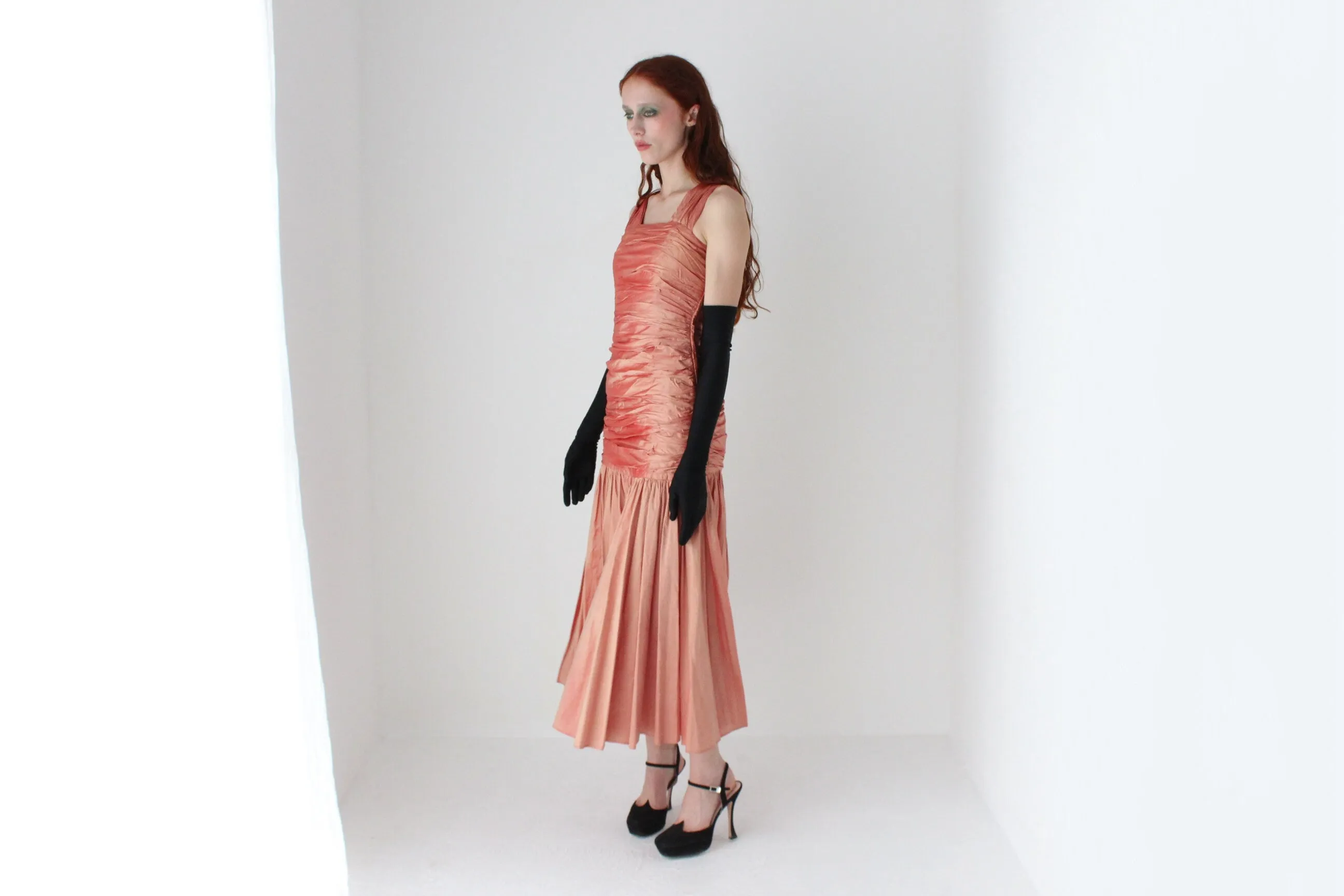 80s Shimmering Raw Silk Gathered Textural Dropwaist Cocktail Dress