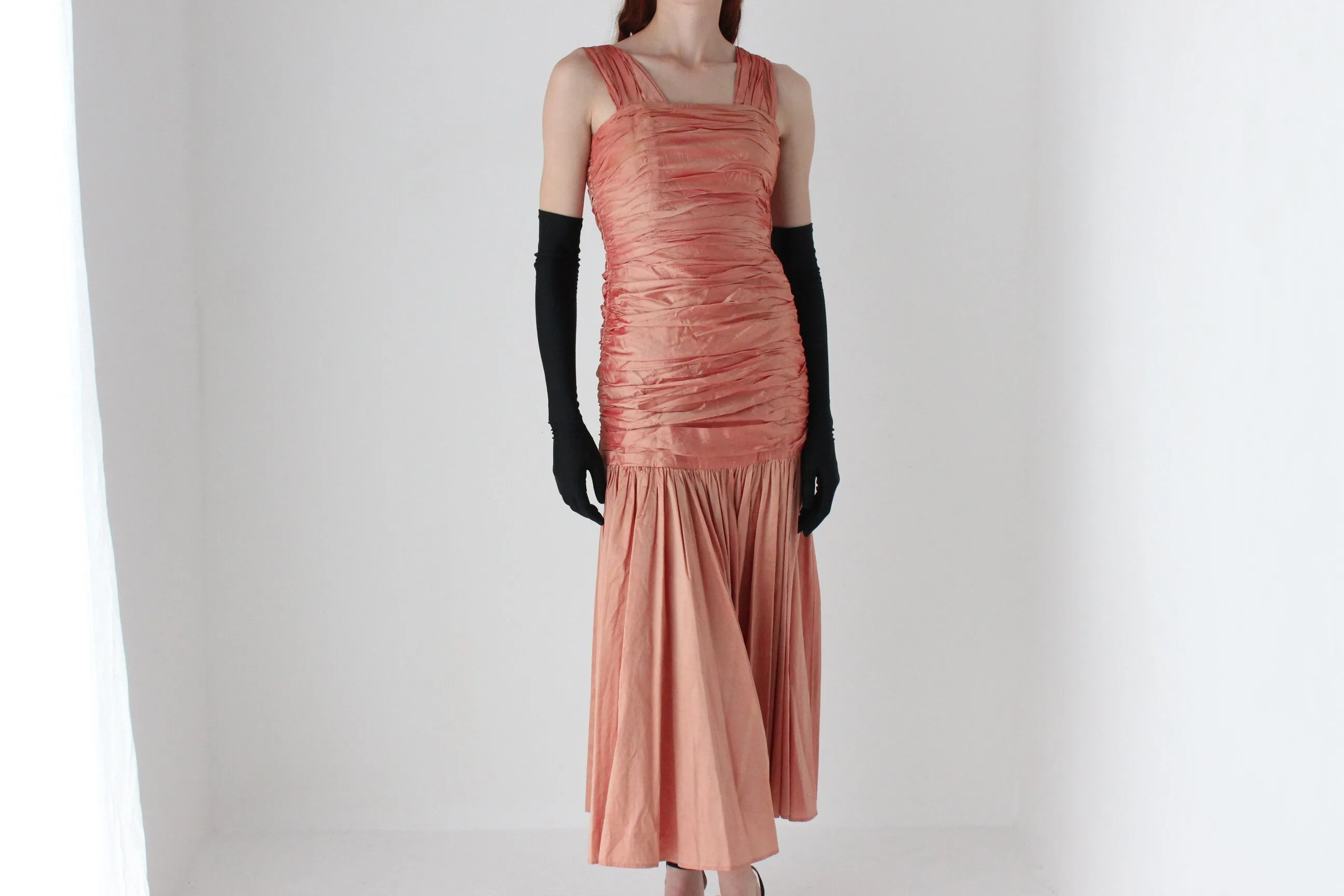 80s Shimmering Raw Silk Gathered Textural Dropwaist Cocktail Dress