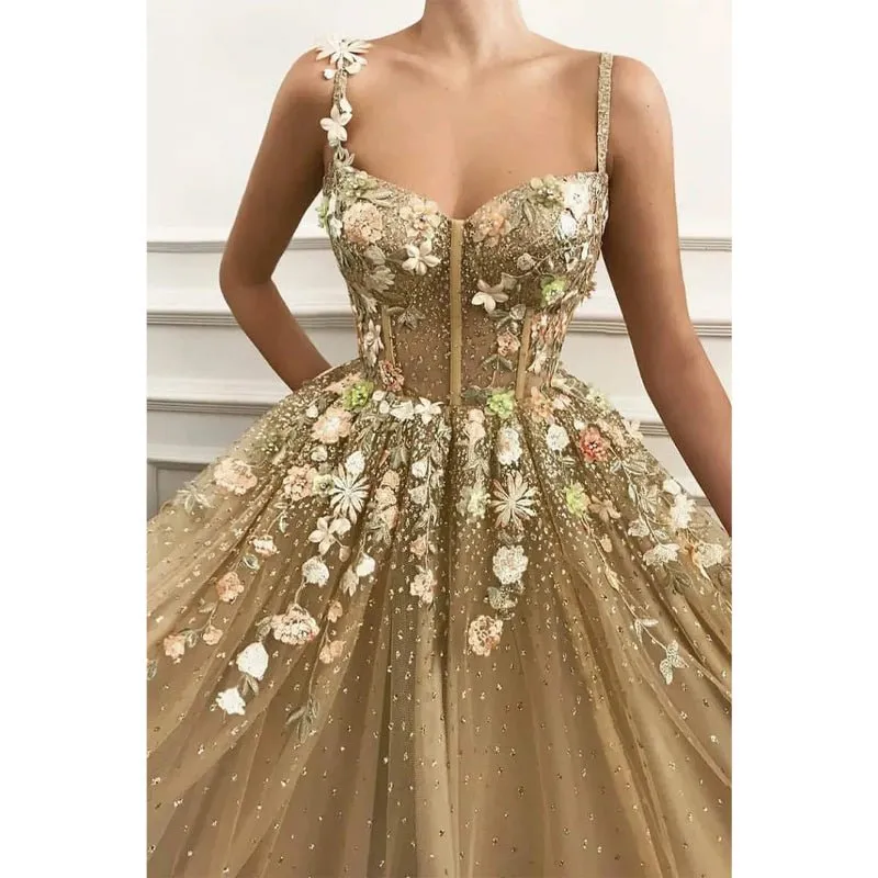 A-line Sweetheart Sparkle Tulle Appliques Long Prom Dress Formal Evening Gowns