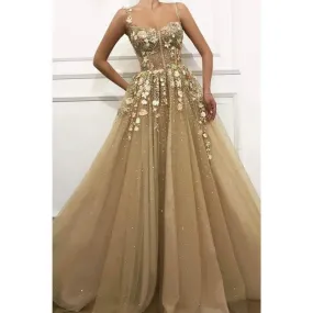 A-line Sweetheart Sparkle Tulle Appliques Long Prom Dress Formal Evening Gowns