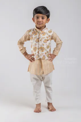 All Over Stripes Printed Cream Kurta with White Pant and Floral Printed Overcoat For Boys