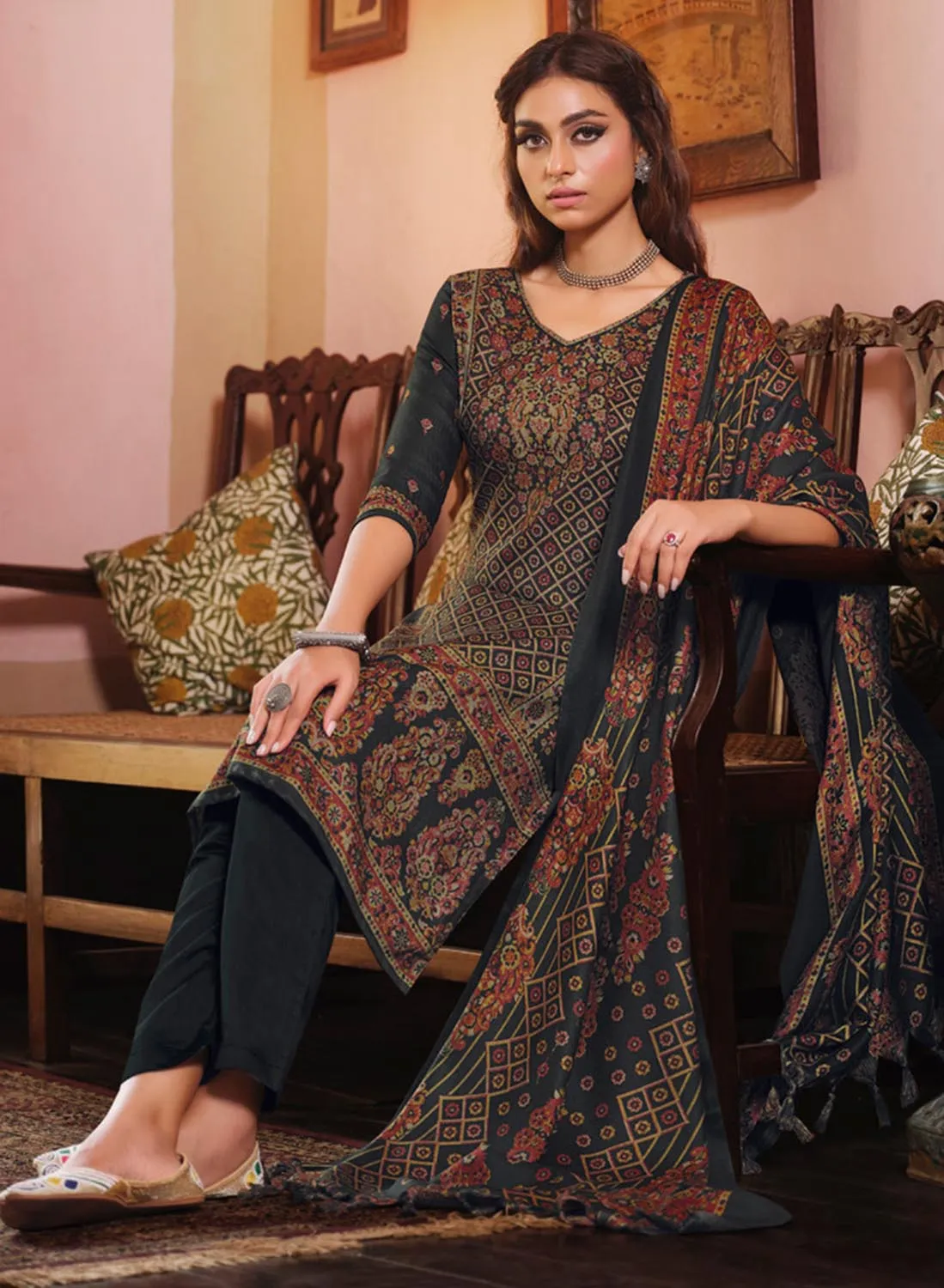 Belliza Dark Grey Pure Alpine Woolen Unstitched Winter Suits for Women