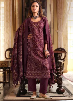 Belliza Dark Purple Pure Alpine Woolen Unstitched Winter Suits for Women