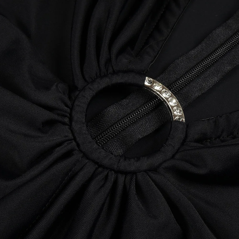 Black Long Sleeve Ring V Neck Formal Dress
