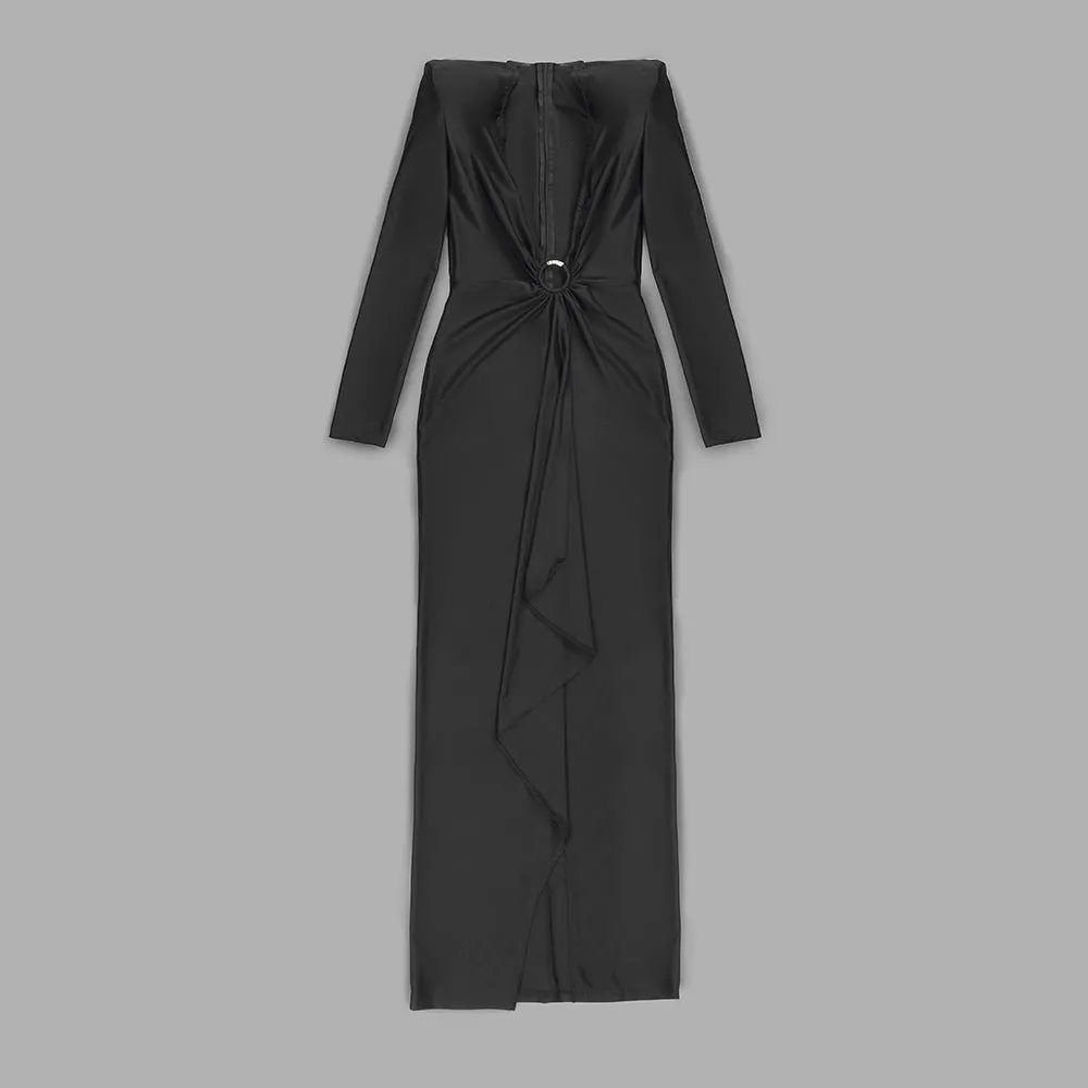 Black Long Sleeve Ring V Neck Formal Dress