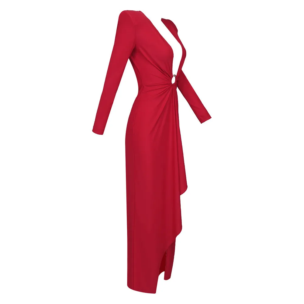 Black Long Sleeve Ring V Neck Formal Dress