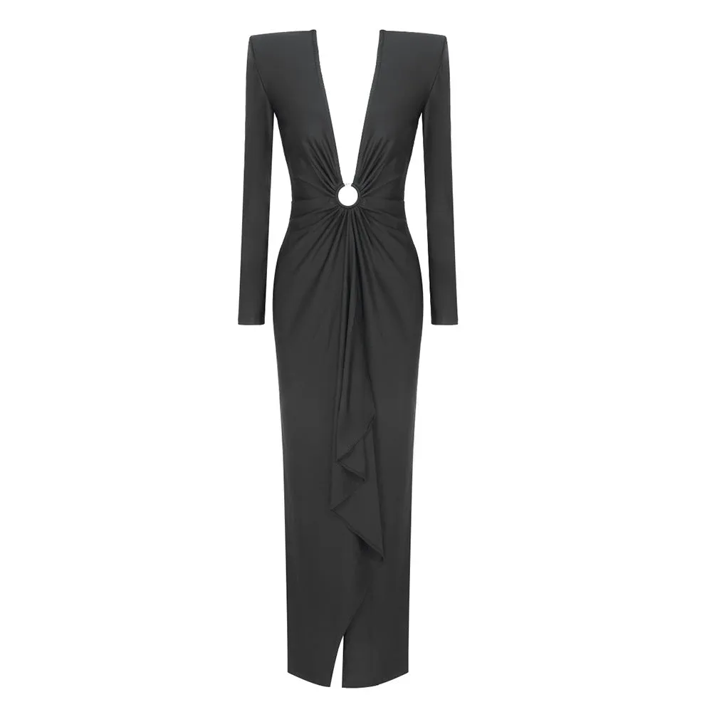 Black Long Sleeve Ring V Neck Formal Dress