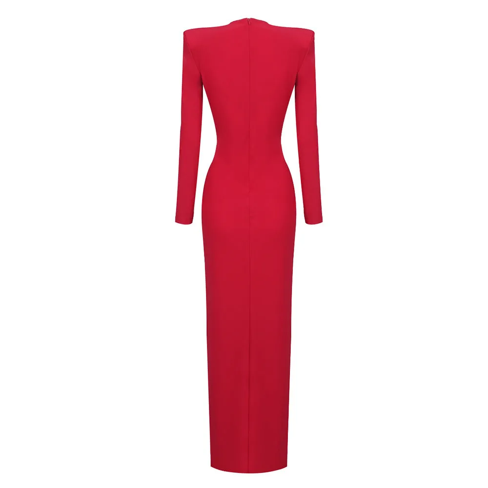 Black Long Sleeve Ring V Neck Formal Dress