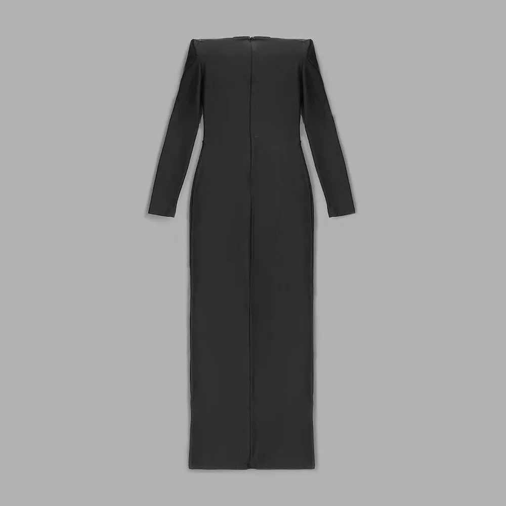 Black Long Sleeve Ring V Neck Formal Dress