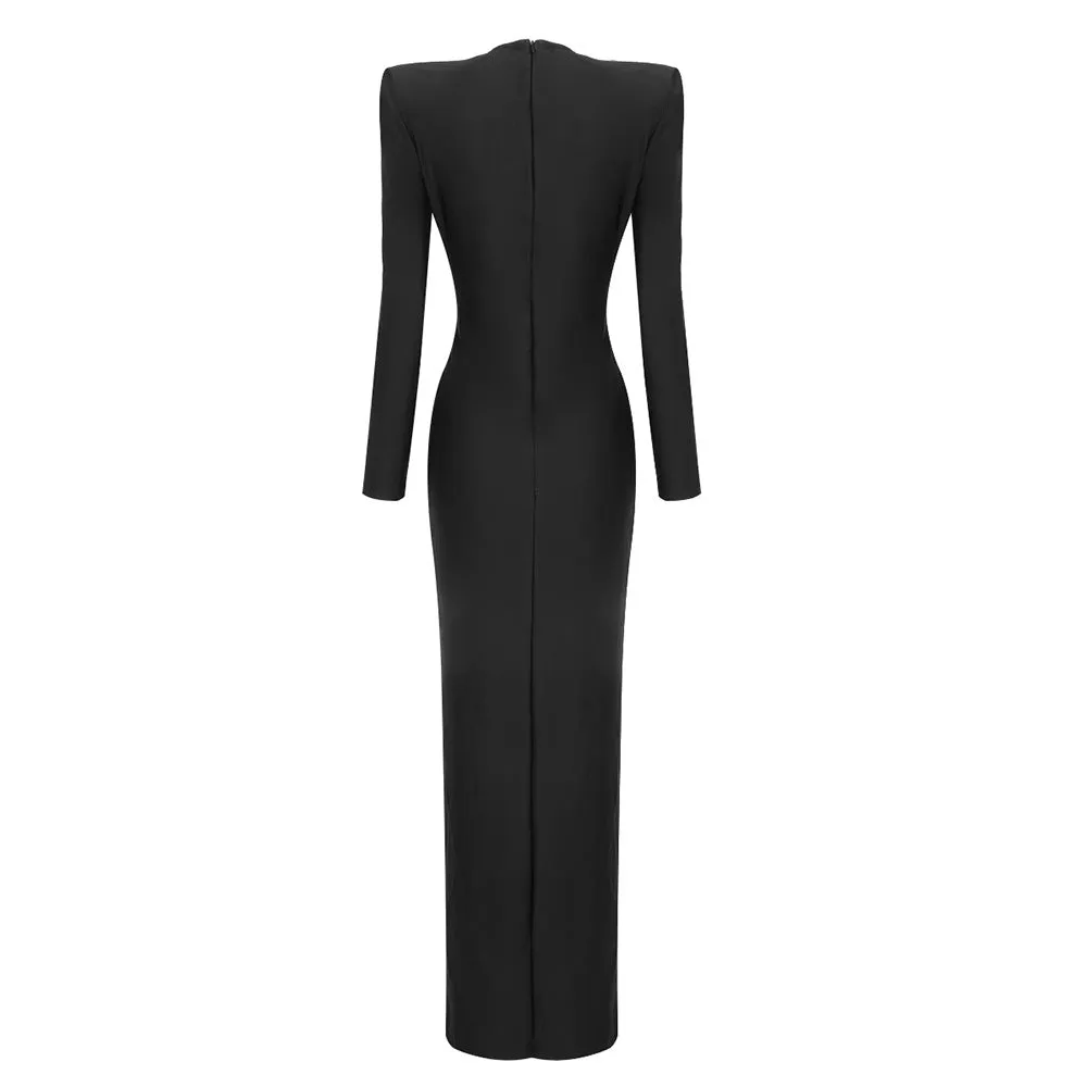 Black Long Sleeve Ring V Neck Formal Dress