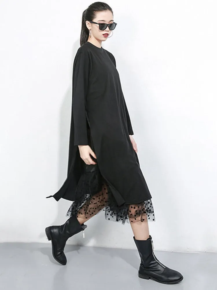 Black Mesh Dot Split Joint Loose Fit Dress Round Collar Long Sleeve Loose Fit Fashion