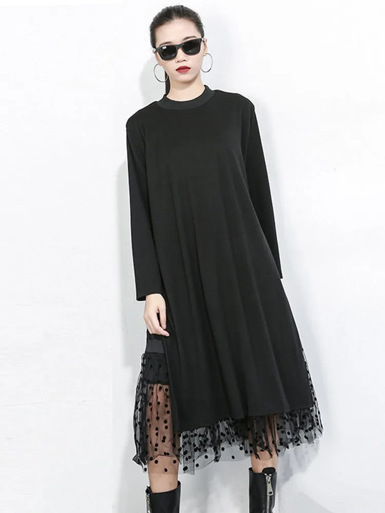 Black Mesh Dot Split Joint Loose Fit Dress Round Collar Long Sleeve Loose Fit Fashion