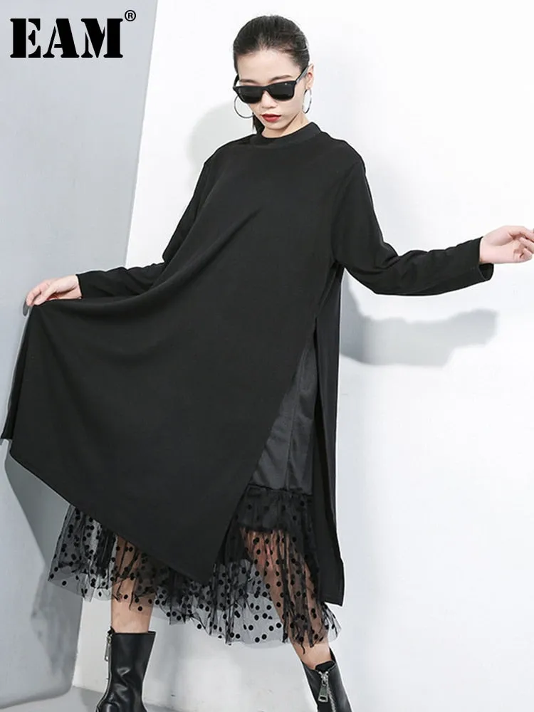 Black Mesh Dot Split Joint Loose Fit Dress Round Collar Long Sleeve Loose Fit Fashion