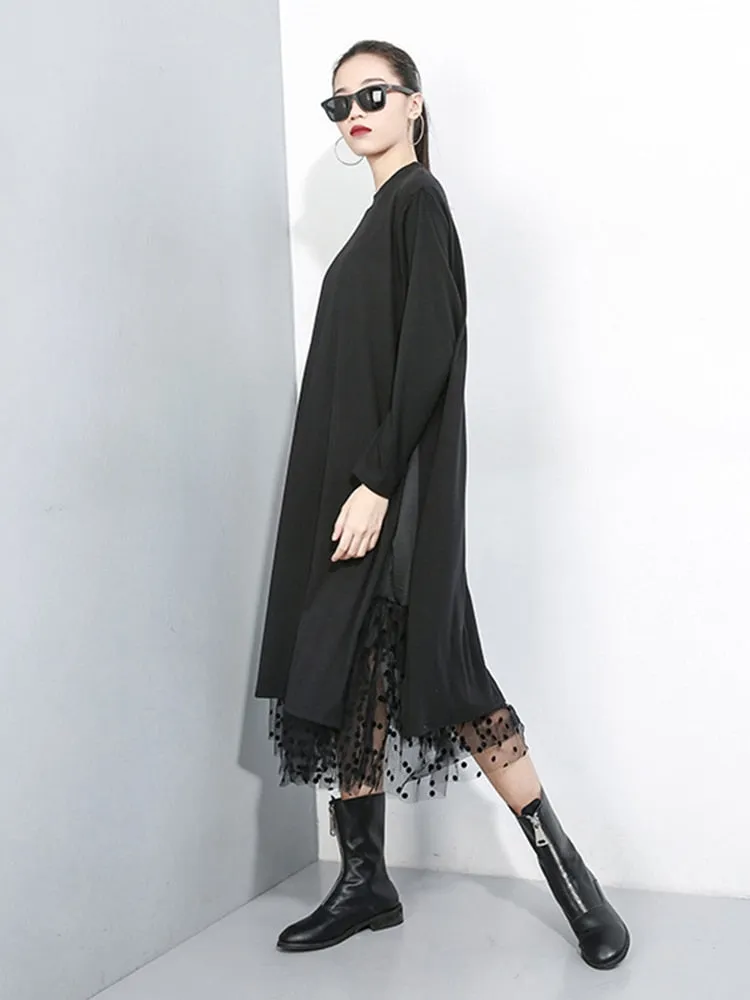 Black Mesh Dot Split Joint Loose Fit Dress Round Collar Long Sleeve Loose Fit Fashion