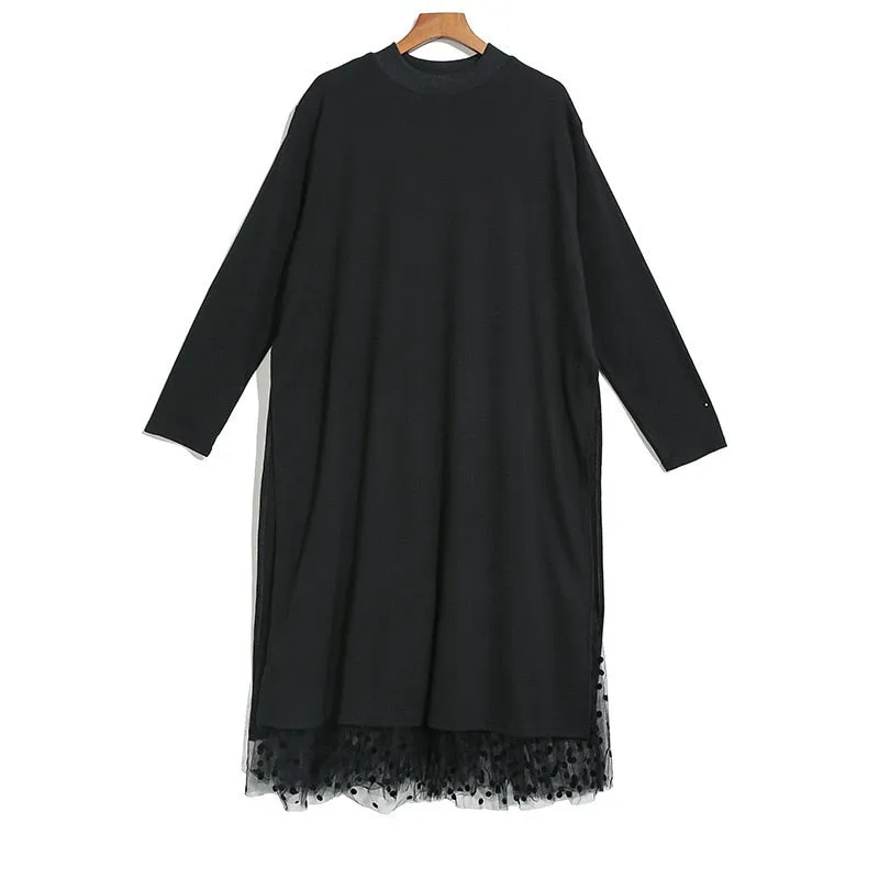 Black Mesh Dot Split Joint Loose Fit Dress Round Collar Long Sleeve Loose Fit Fashion