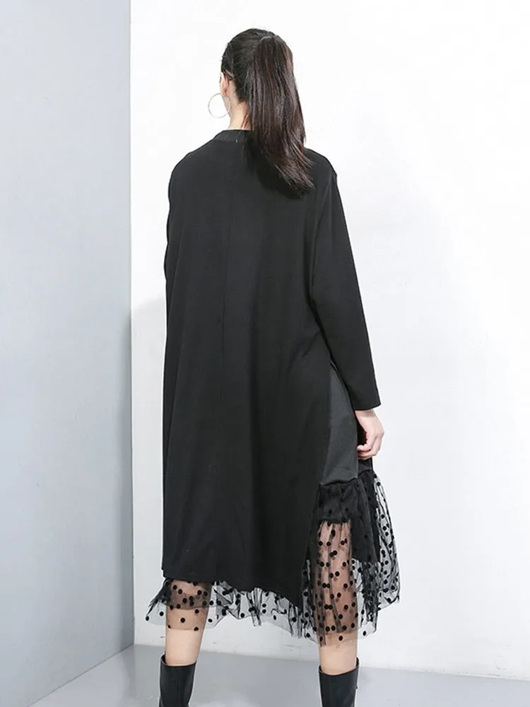 Black Mesh Dot Split Joint Loose Fit Dress Round Collar Long Sleeve Loose Fit Fashion