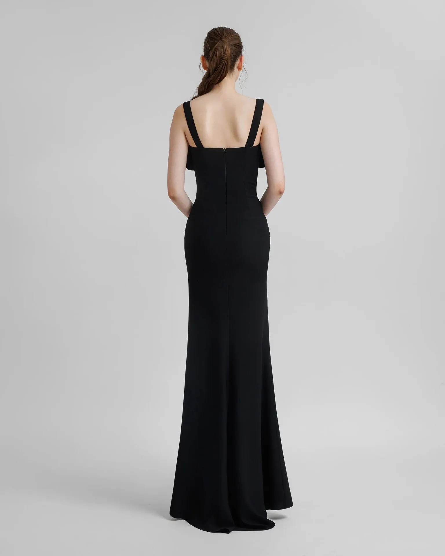 Black Rhinestone Strappy Bow Semi Transparent Formal Dress