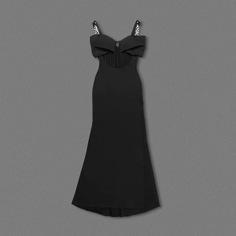 Black Rhinestone Strappy Bow Semi Transparent Formal Dress