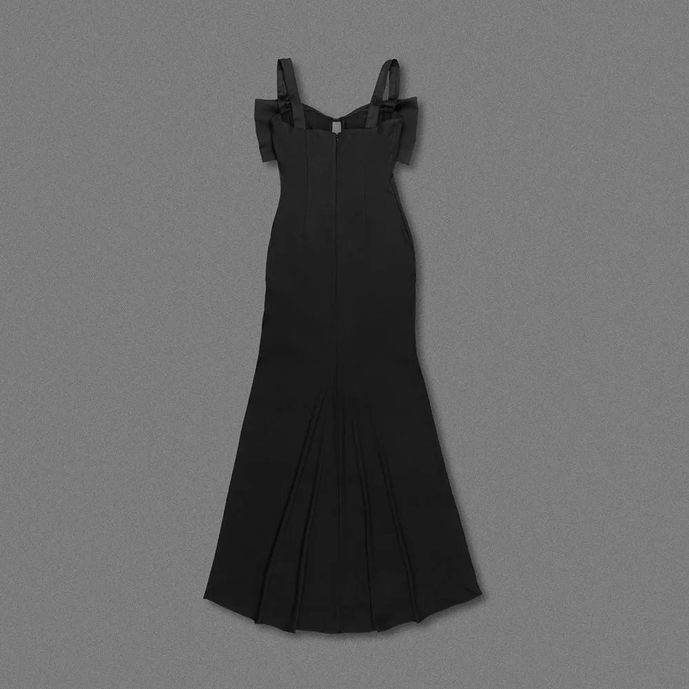 Black Rhinestone Strappy Bow Semi Transparent Formal Dress