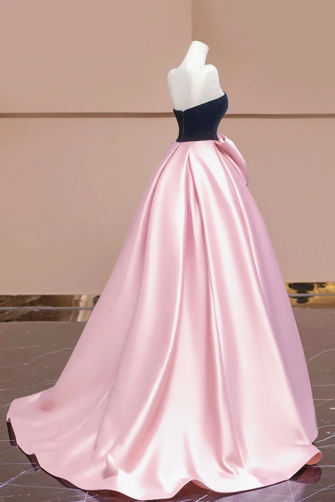 Black Velvet and Pink Satin Long Prom Dress with Bow, Beautiful A-Line Strapless Formal Party Dress