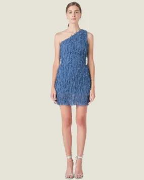 Blue Mesh Trimmed One Shoulder Mini Dress