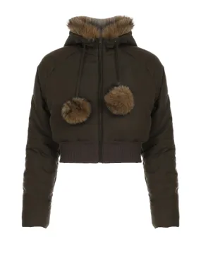 Brown Puffer Fur Hooded And Palm Palm Front Zip-Up Crop Jacket
