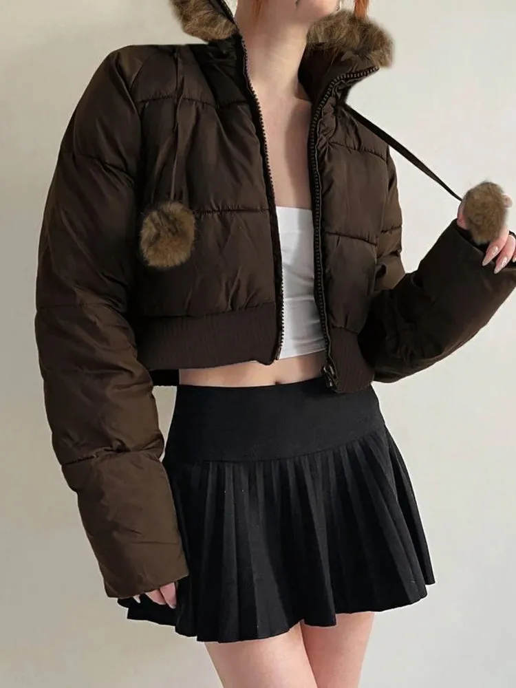 Brown Puffer Fur Hooded And Palm Palm Front Zip-Up Crop Jacket
