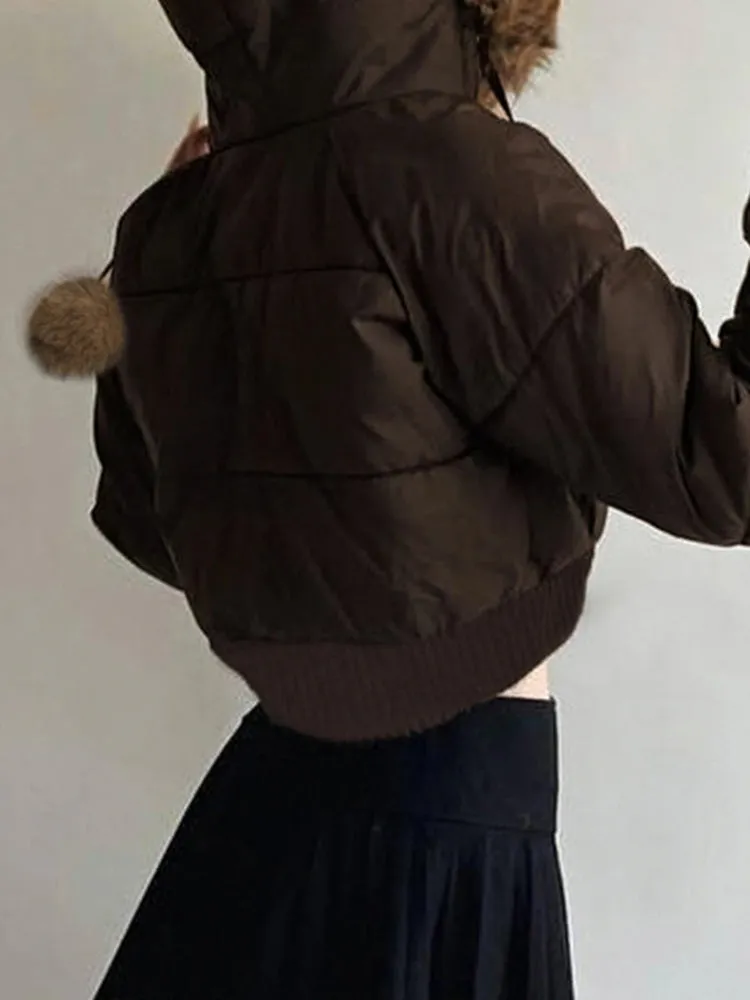 Brown Puffer Fur Hooded And Palm Palm Front Zip-Up Crop Jacket