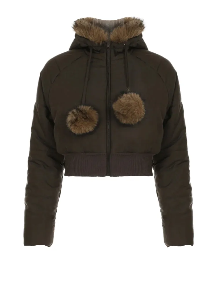 Brown Puffer Fur Hooded And Palm Palm Front Zip-Up Crop Jacket