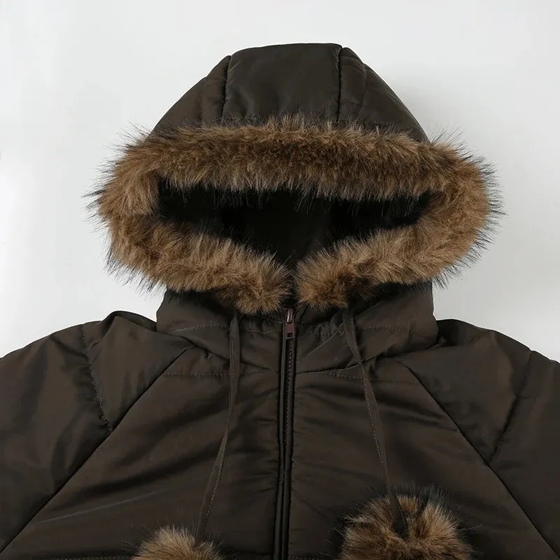 Brown Puffer Fur Hooded And Palm Palm Front Zip-Up Crop Jacket