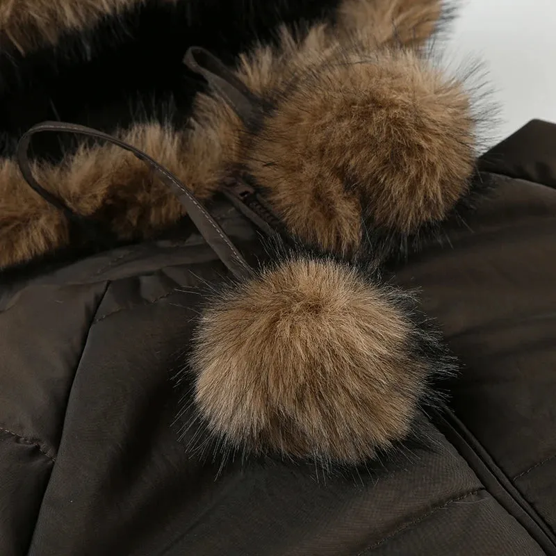 Brown Puffer Fur Hooded And Palm Palm Front Zip-Up Crop Jacket