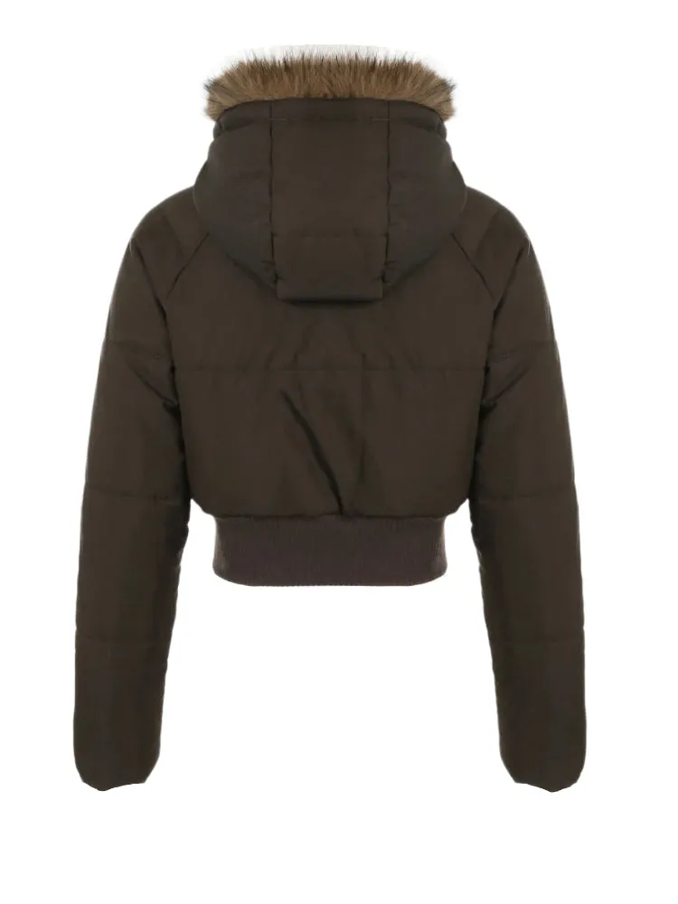 Brown Puffer Fur Hooded And Palm Palm Front Zip-Up Crop Jacket