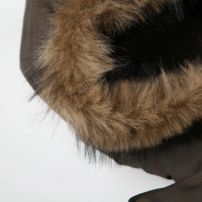 Brown Puffer Fur Hooded And Palm Palm Front Zip-Up Crop Jacket