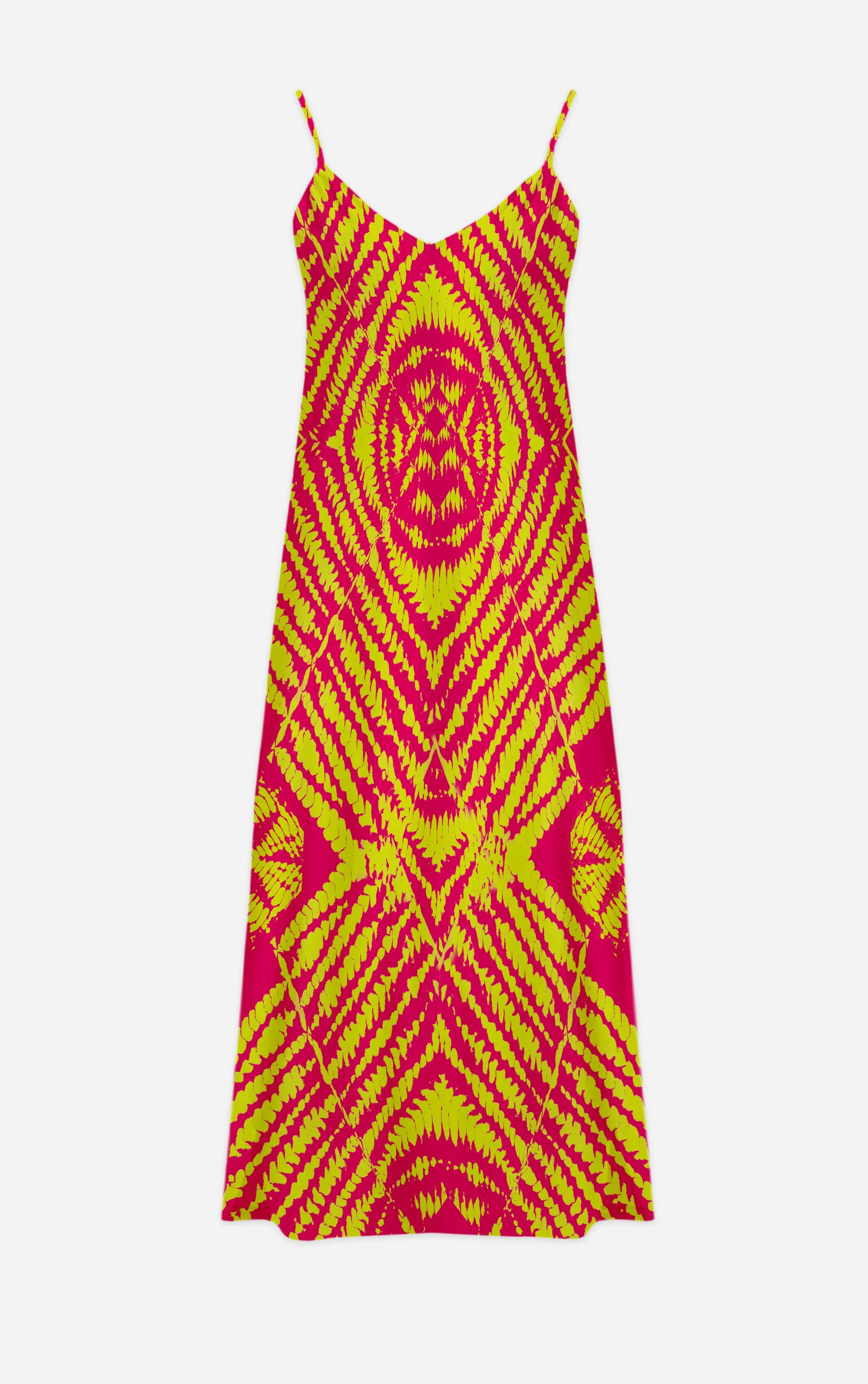 Byzantine Tie Dye- 100% Silk Satin French Gothic V Neck Slip Dress in Bold Fuchsia & Mustard | Le Leanian™