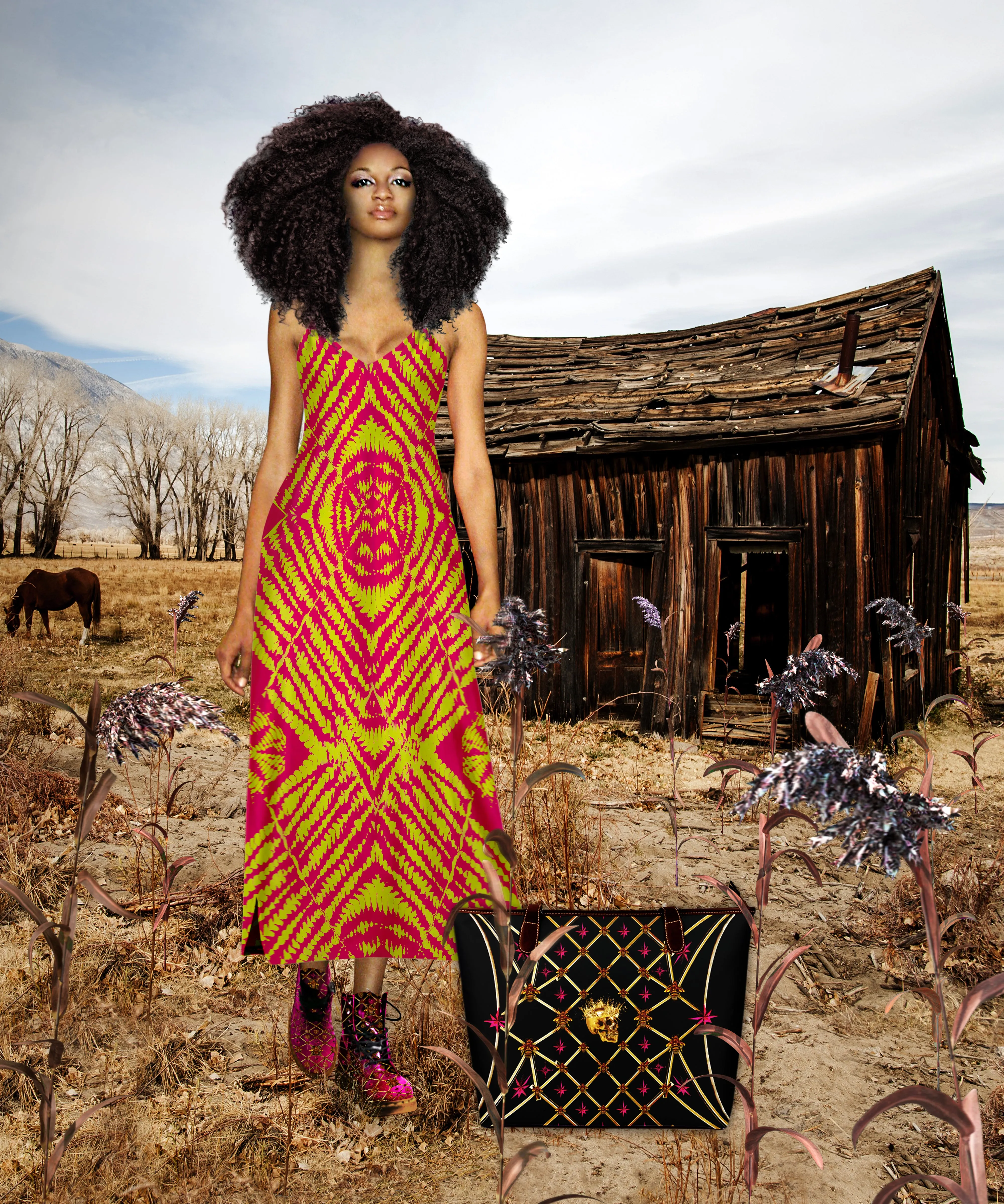 Byzantine Tie Dye- 100% Silk Satin French Gothic V Neck Slip Dress in Bold Fuchsia & Mustard | Le Leanian™