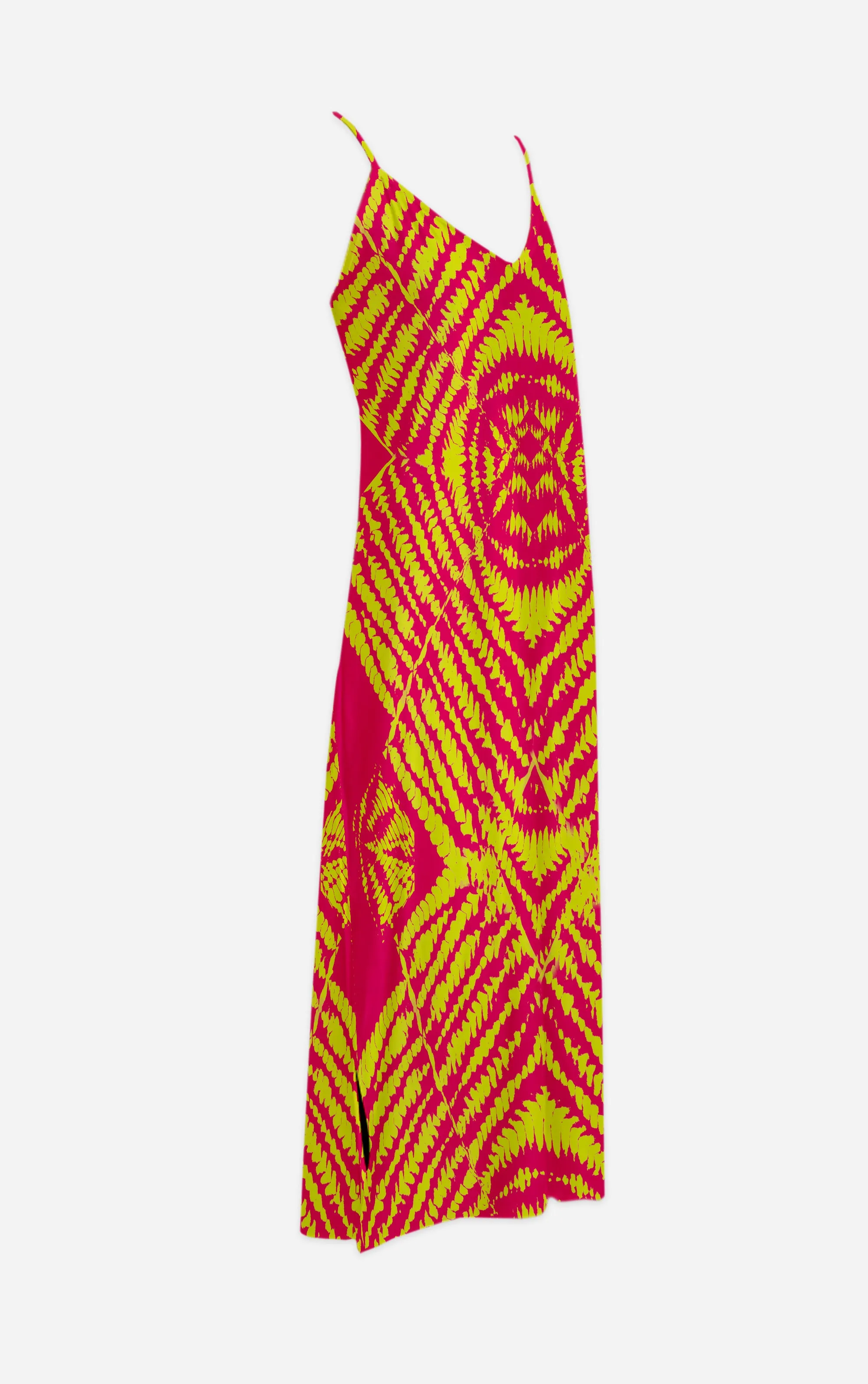 Byzantine Tie Dye- 100% Silk Satin French Gothic V Neck Slip Dress in Bold Fuchsia & Mustard | Le Leanian™