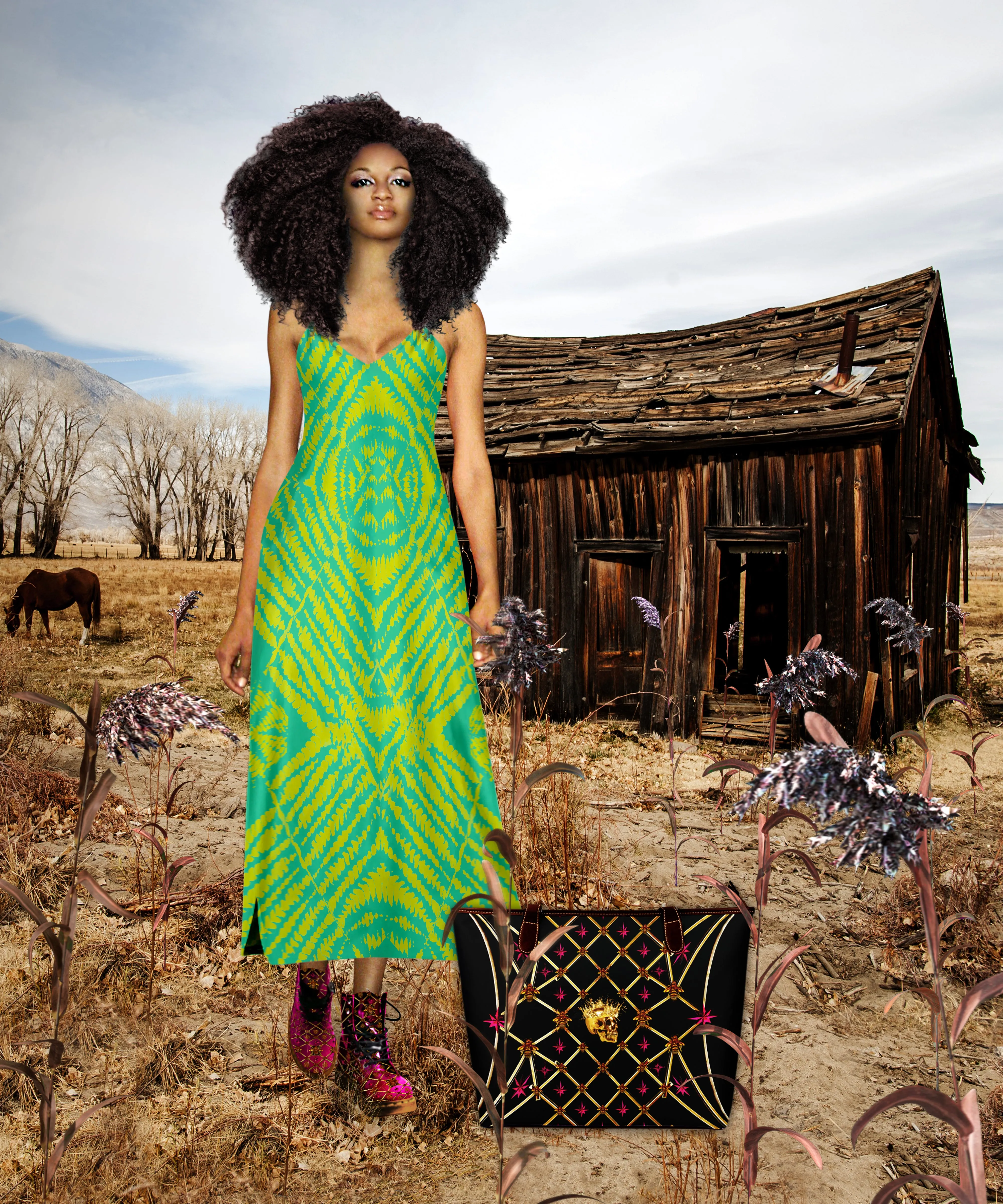 Byzantine Tie Dye- 100% Silk Satin French Gothic V Neck Slip Dress in Bold Jade Teal & Mustard | Le Leanian™