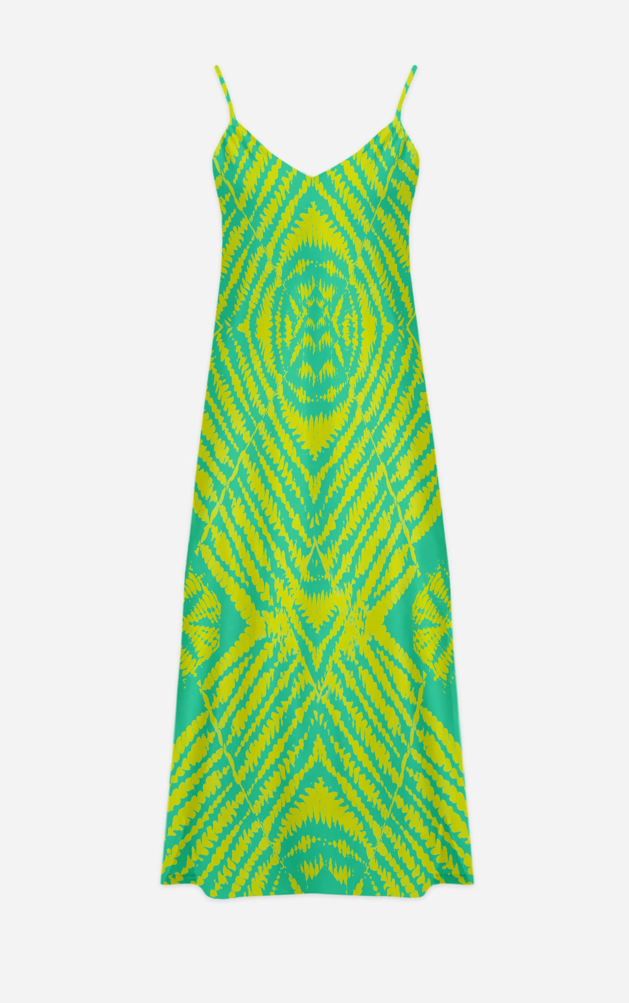 Byzantine Tie Dye- 100% Silk Satin French Gothic V Neck Slip Dress in Bold Jade Teal & Mustard | Le Leanian™