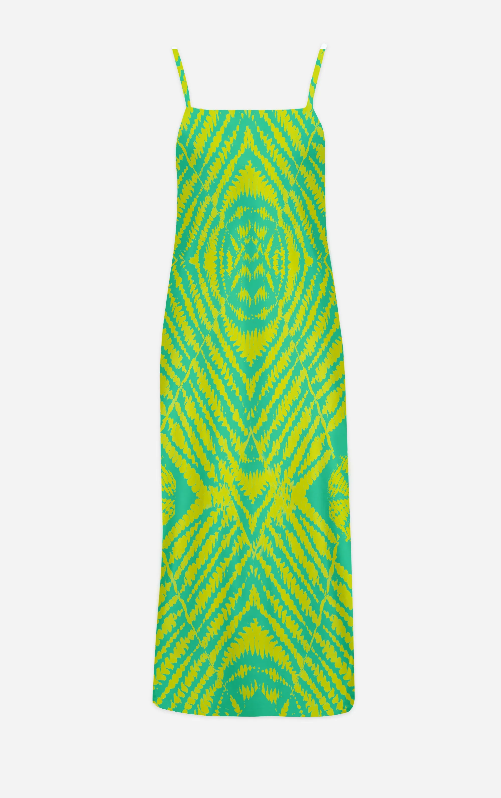 Byzantine Tie Dye- 100% Silk Satin French Gothic V Neck Slip Dress in Bold Jade Teal & Mustard | Le Leanian™