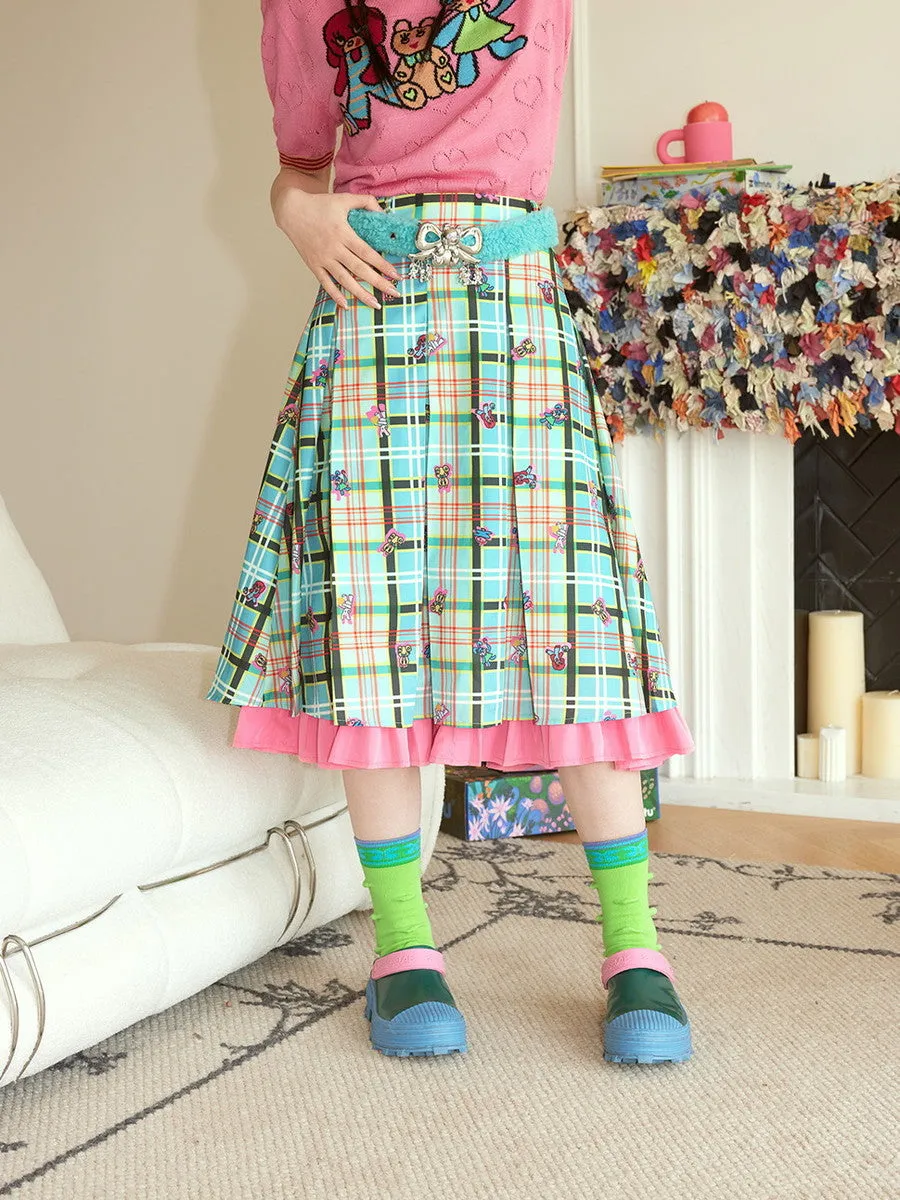 Checked Embroidery Bear Animal Tiered Fancy Flare-Skirt
