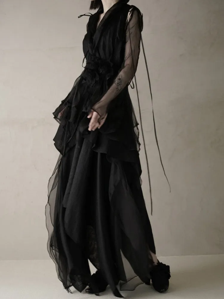 Ciffon Asymmetry Hem Simple Volume Long-Skirt