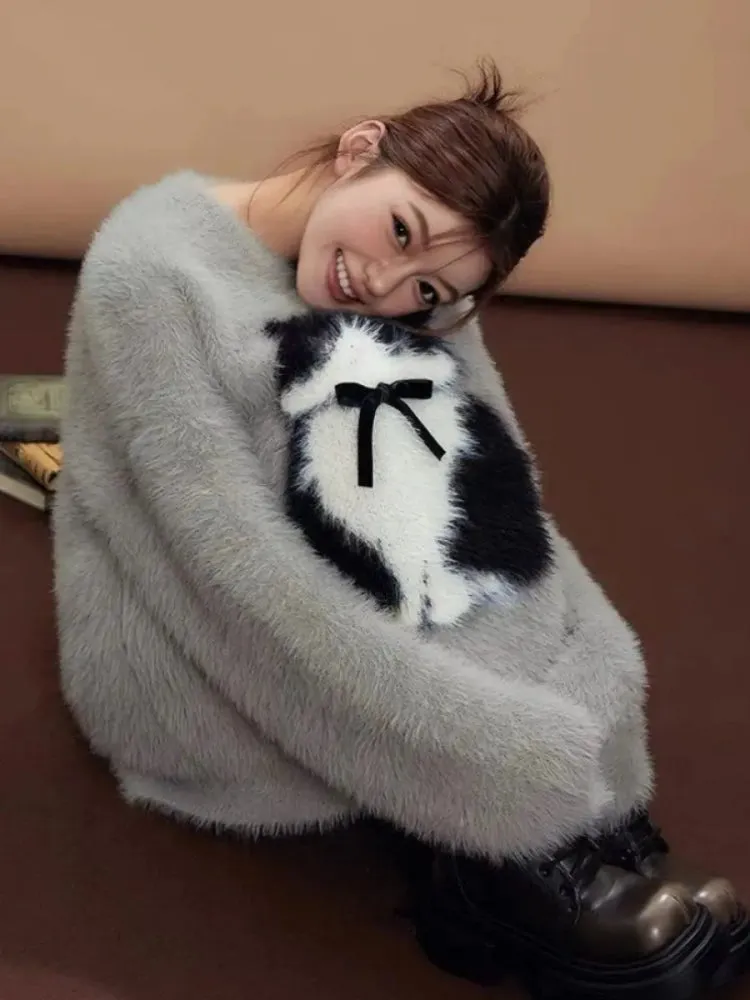 Coquette Cute Kitty Bow Fluffy Sweater - Women's Mid-Length Knitted Pullover