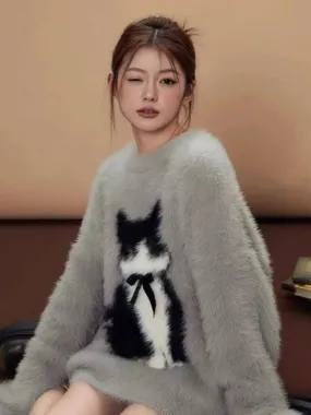 Coquette Cute Kitty Bow Fluffy Sweater - Women's Mid-Length Knitted Pullover