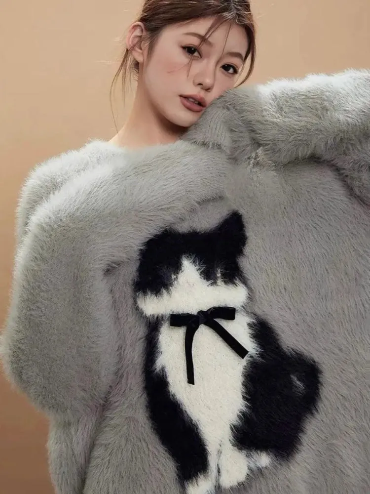 Coquette Cute Kitty Bow Fluffy Sweater - Women's Mid-Length Knitted Pullover