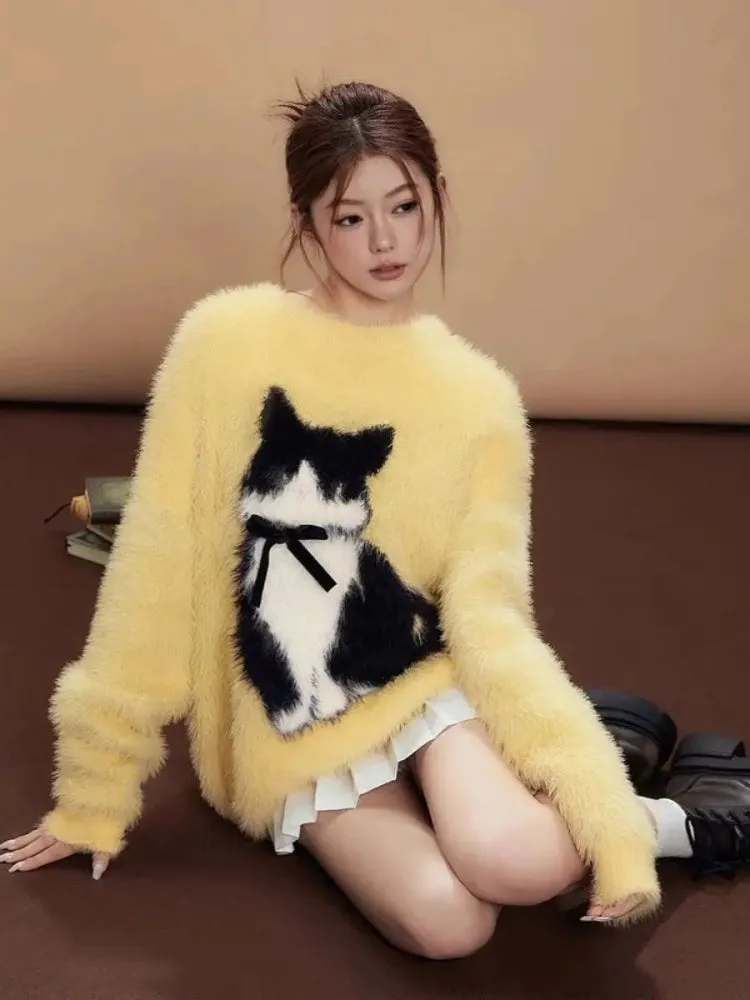 Coquette Cute Kitty Bow Fluffy Sweater - Women's Mid-Length Knitted Pullover