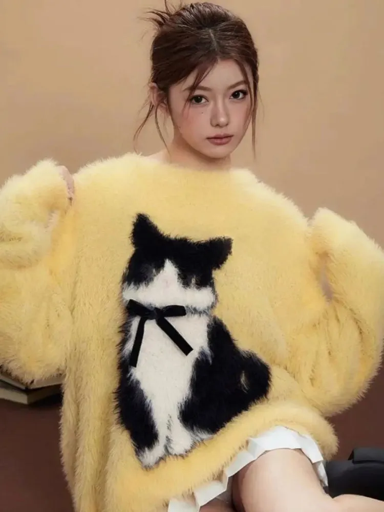 Coquette Cute Kitty Bow Fluffy Sweater - Women's Mid-Length Knitted Pullover