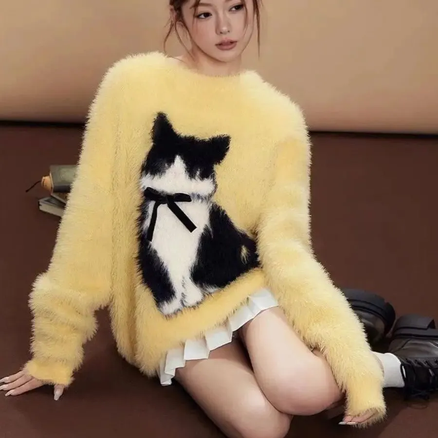Coquette Cute Kitty Bow Fluffy Sweater - Women's Mid-Length Knitted Pullover